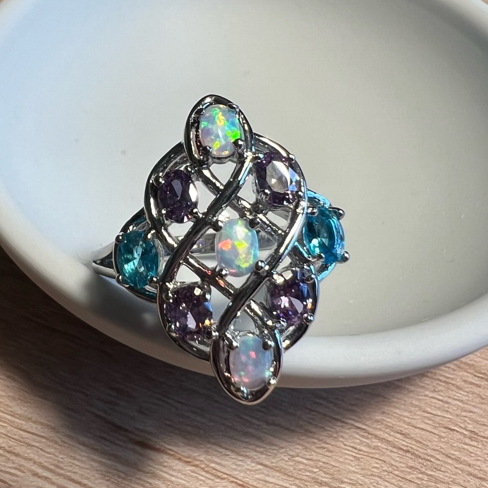 Silver Estate Ring Simulated Opal, Amethyst, Blue Topaz Size 7.5 - Picture 3 of 7